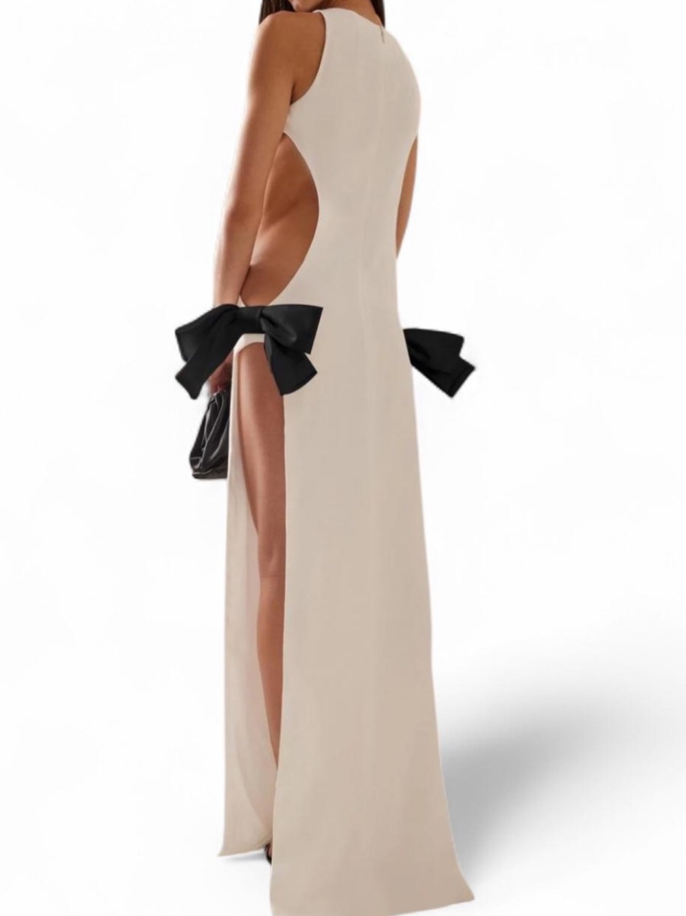 Backless Cream Evening Dress with Black Bow Accents